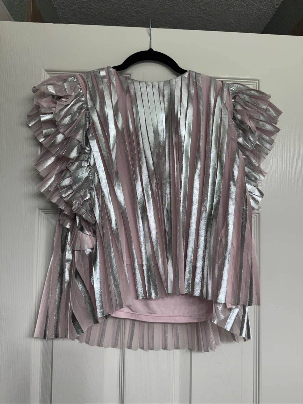 Anthropologie Metallic Silver and Blush Pink Pleated Ruffle Top